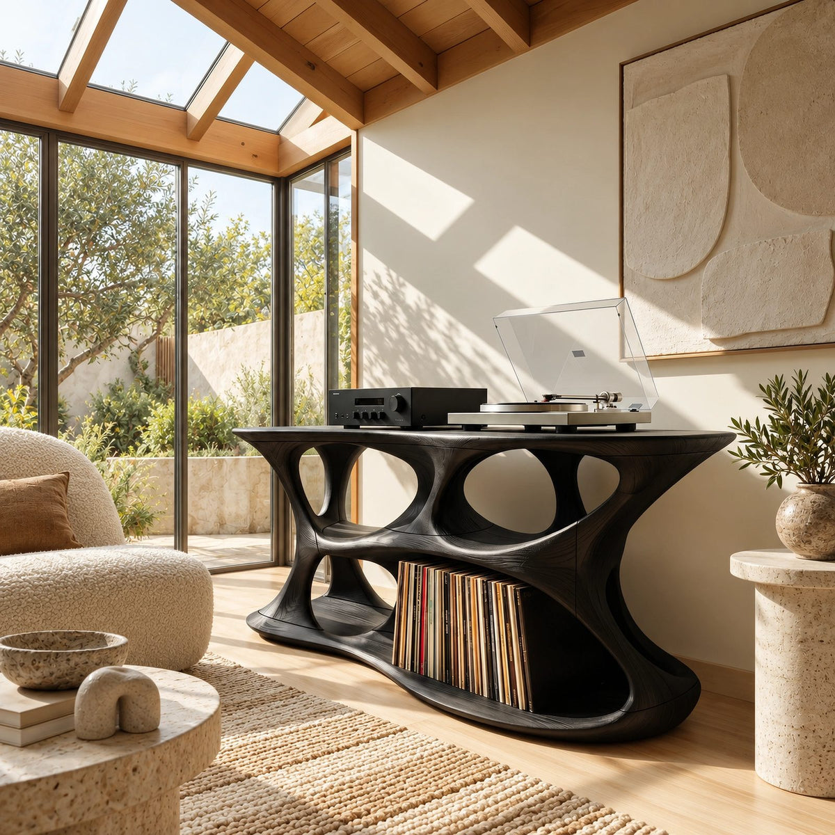 Minimalist Sculptural Wood Record Stand With Open Base For Living Room