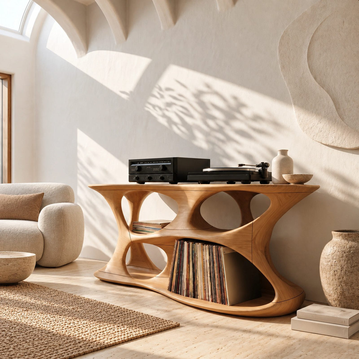 Minimalist Sculptural Wood Record Stand With Open Base For Living Room