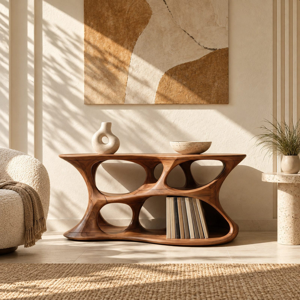 Minimalist Sculptural Wood Record Stand With Open Base For Living Room