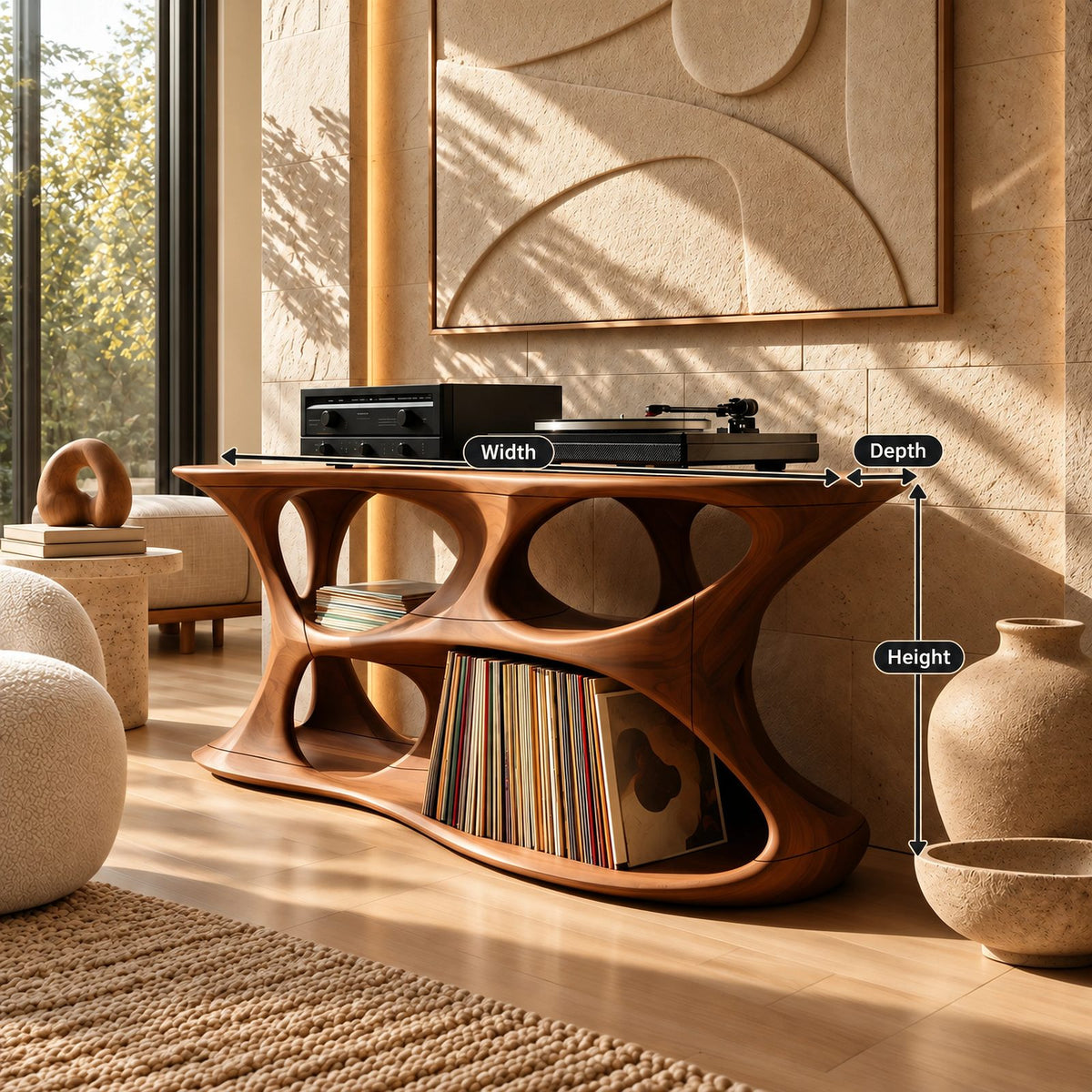Minimalist Sculptural Wood Record Stand With Open Base For Living Room