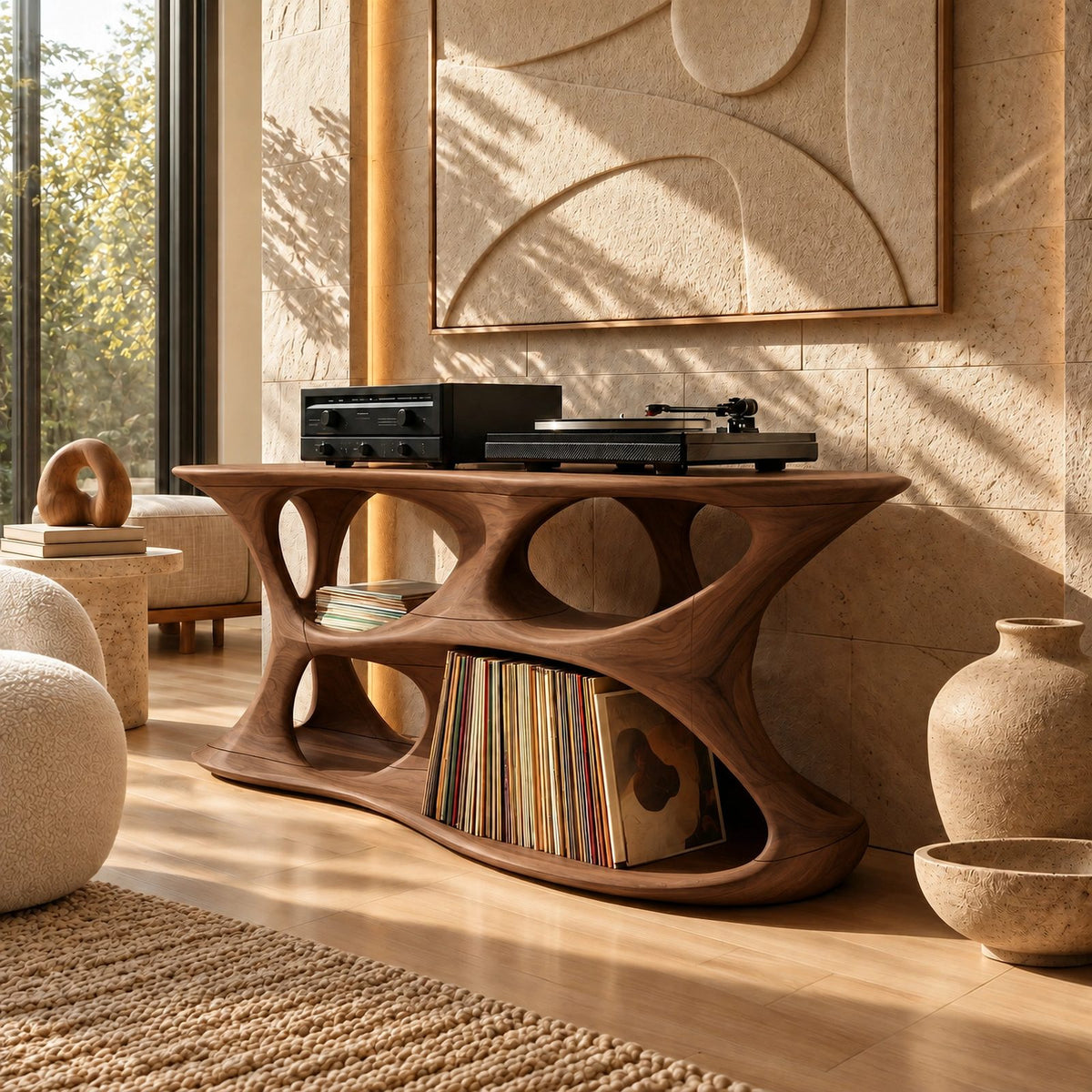 Minimalist Sculptural Wood Record Stand With Open Base For Living Room