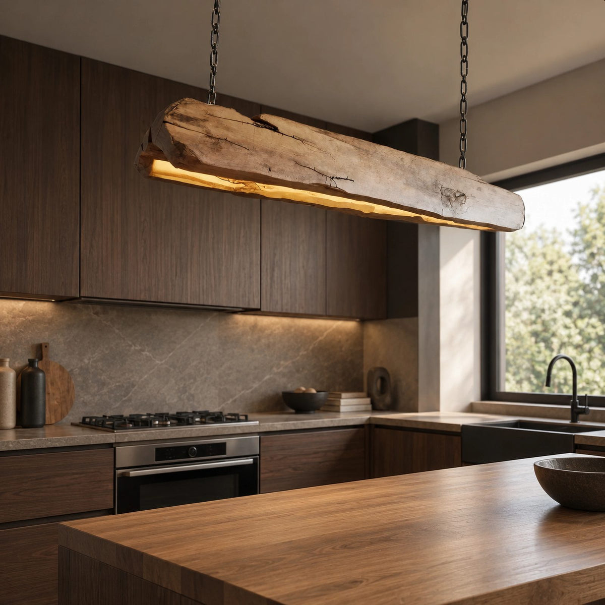 Farmhouse Live Edge Wood Beam Pendant Light For Kitchen