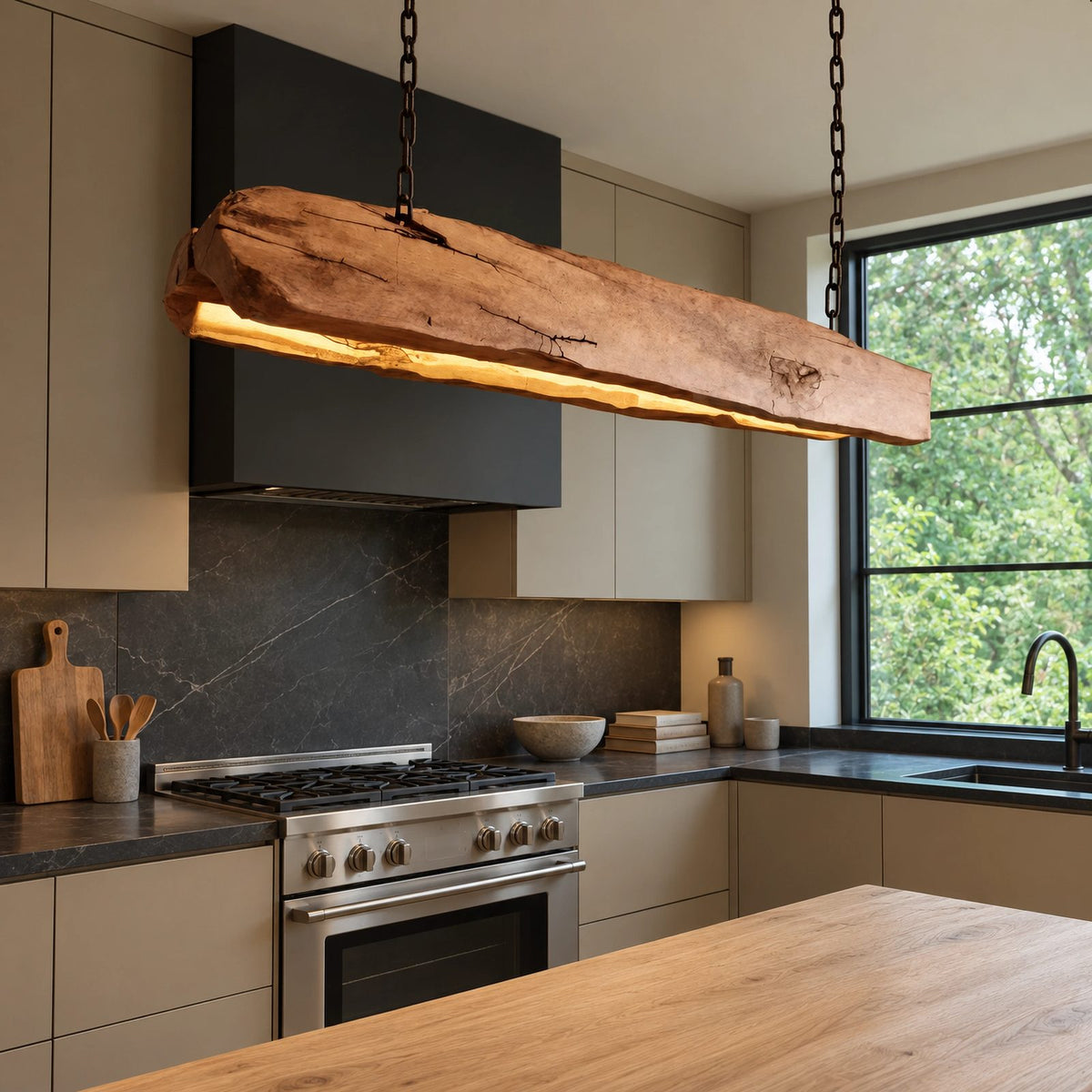 Farmhouse Live Edge Wood Beam Pendant Light For Kitchen