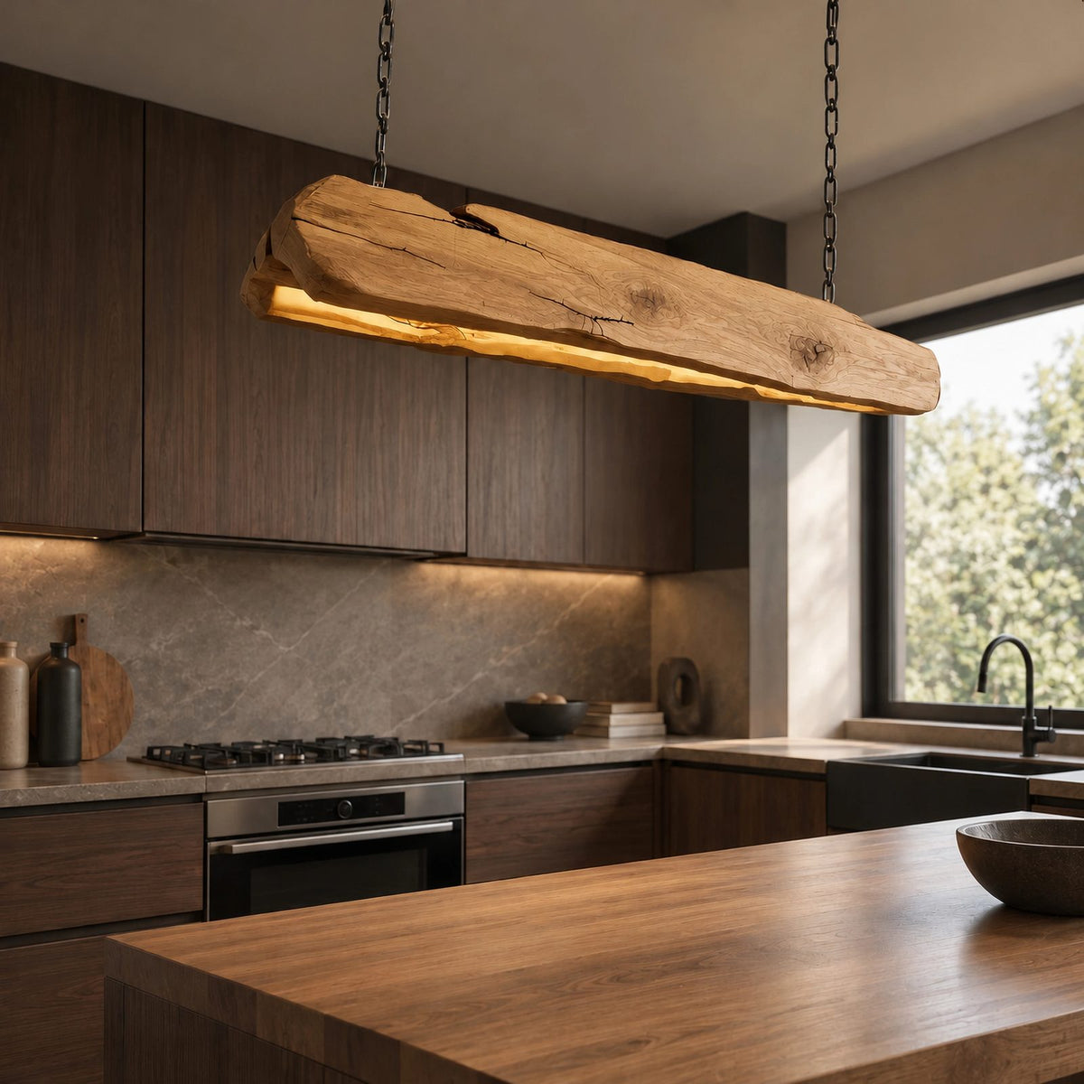 Farmhouse Live Edge Wood Beam Pendant Light For Kitchen
