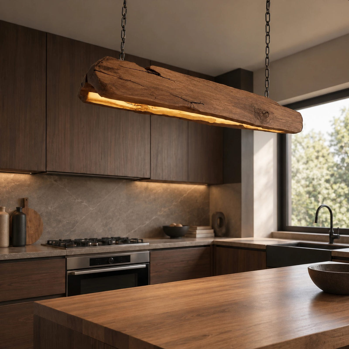 Farmhouse Live Edge Wood Beam Pendant Light For Kitchen