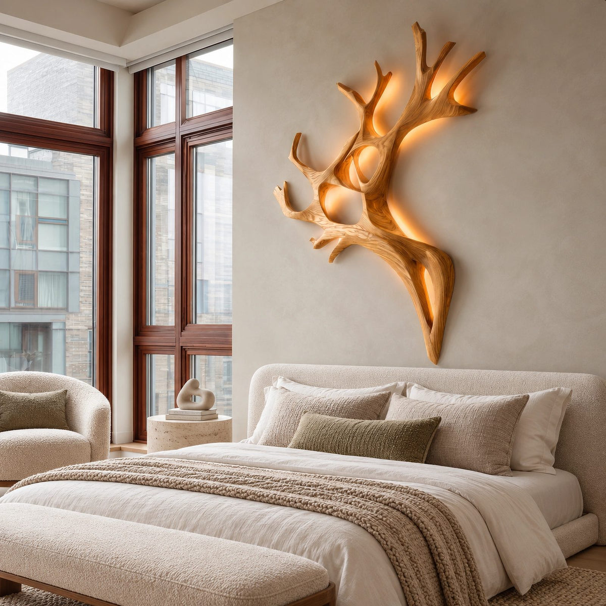 Sculptural Carved Wood Antler Wall Light For Bedroom