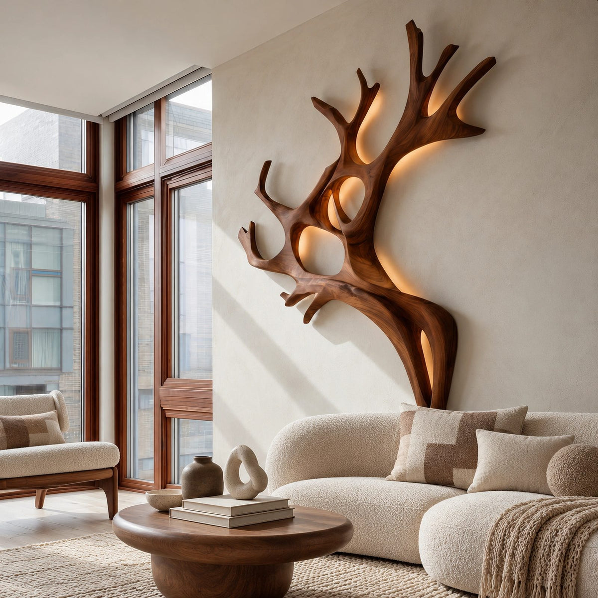 Sculptural Carved Wood Antler Wall Light For Bedroom