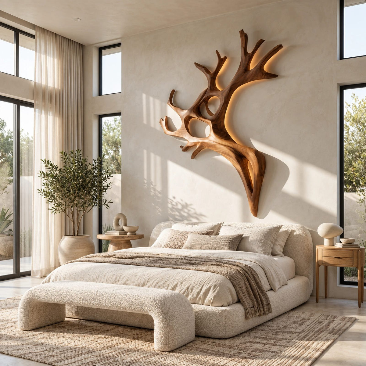 Sculptural Carved Wood Antler Wall Light For Bedroom
