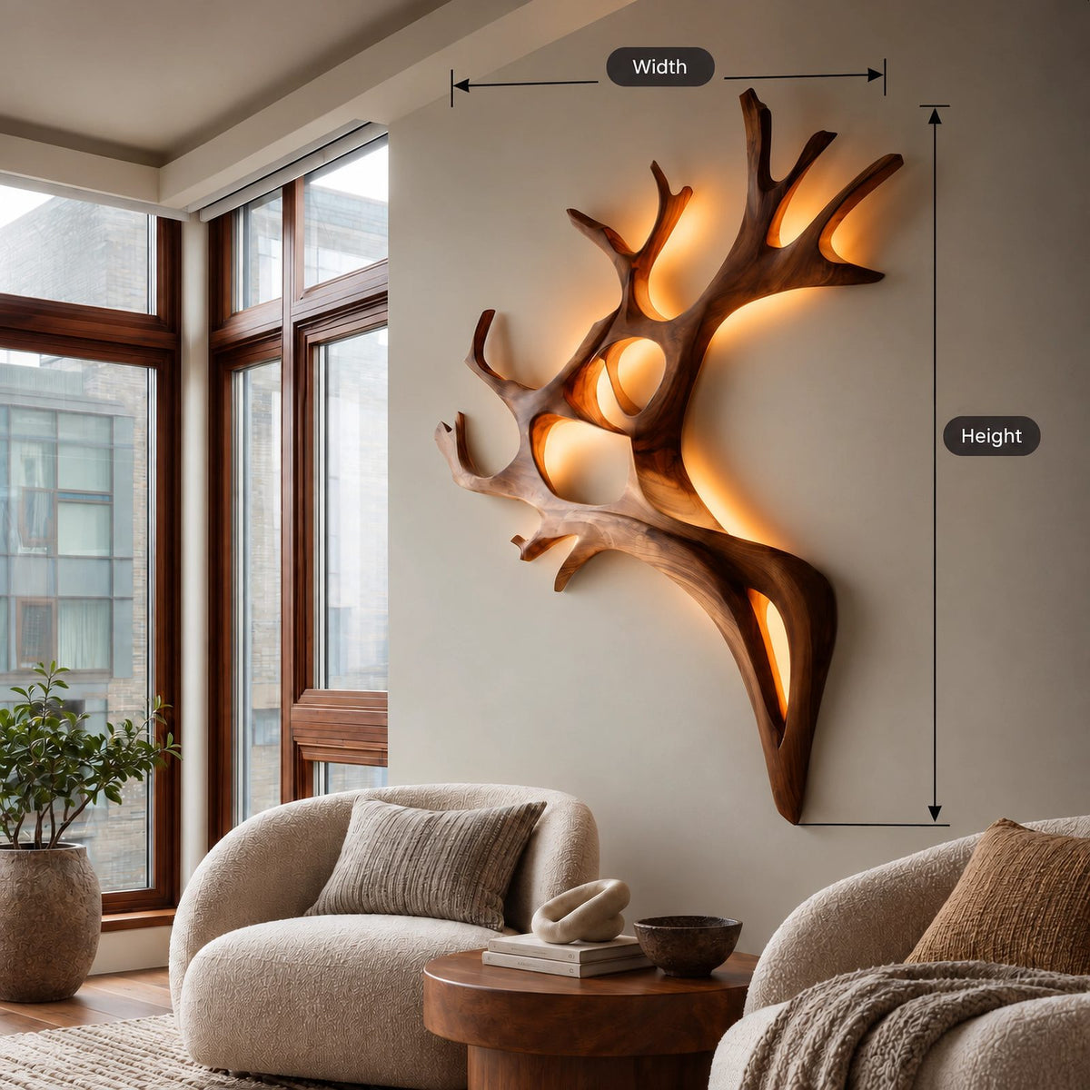 Sculptural Carved Wood Antler Wall Light For Bedroom