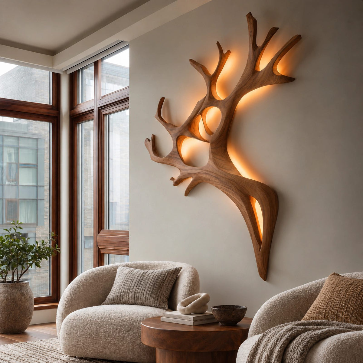 Sculptural Carved Wood Antler Wall Light For Bedroom