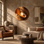Organic Wood Orb Pendant Light With Glowing Opening For Dining Room