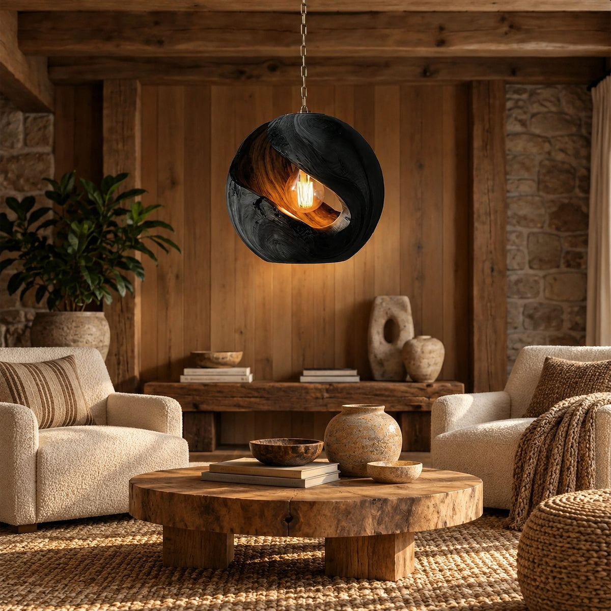 Organic Wood Orb Pendant Light With Glowing Opening For Dining Room