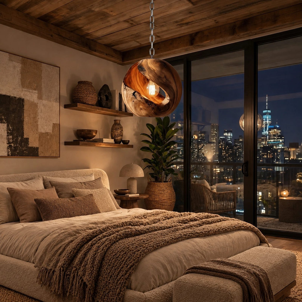 Organic Wood Orb Pendant Light With Glowing Opening For Dining Room