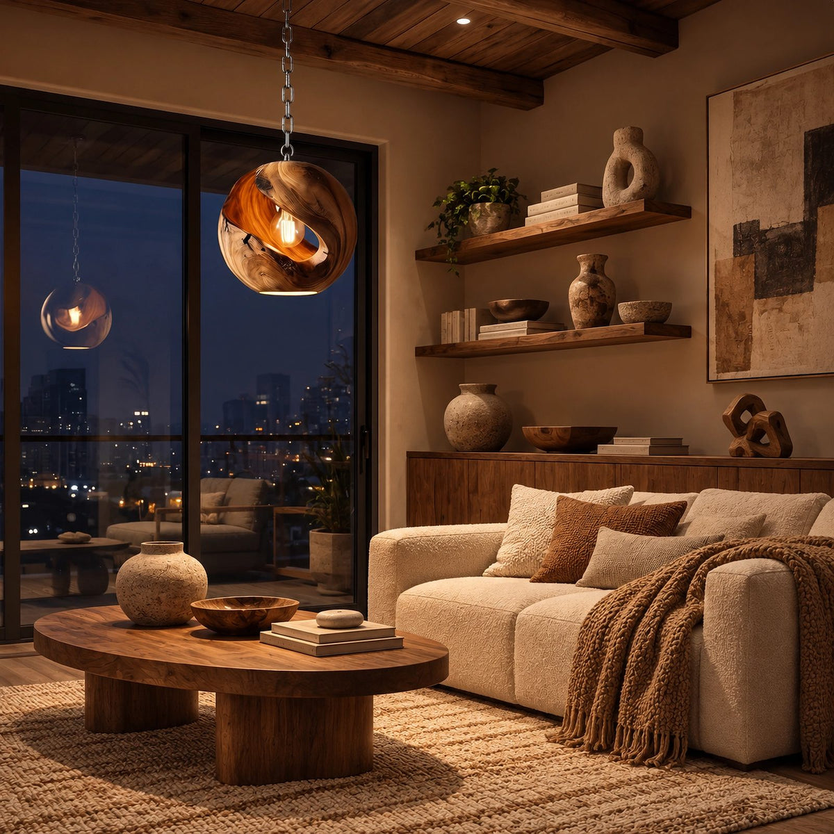 Organic Wood Orb Pendant Light With Glowing Opening For Dining Room