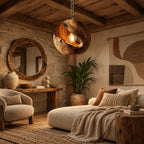 Organic Wood Orb Pendant Light With Glowing Opening For Dining Room