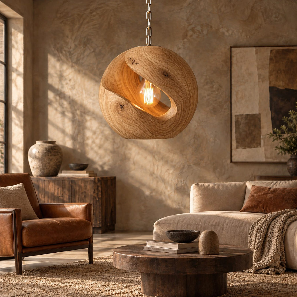 Organic Wood Orb Pendant Light With Glowing Opening For Dining Room
