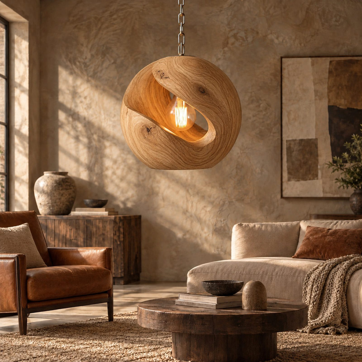 Organic Wood Orb Pendant Light With Glowing Opening For Dining Room