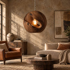 Organic Wood Orb Pendant Light With Glowing Opening For Dining Room