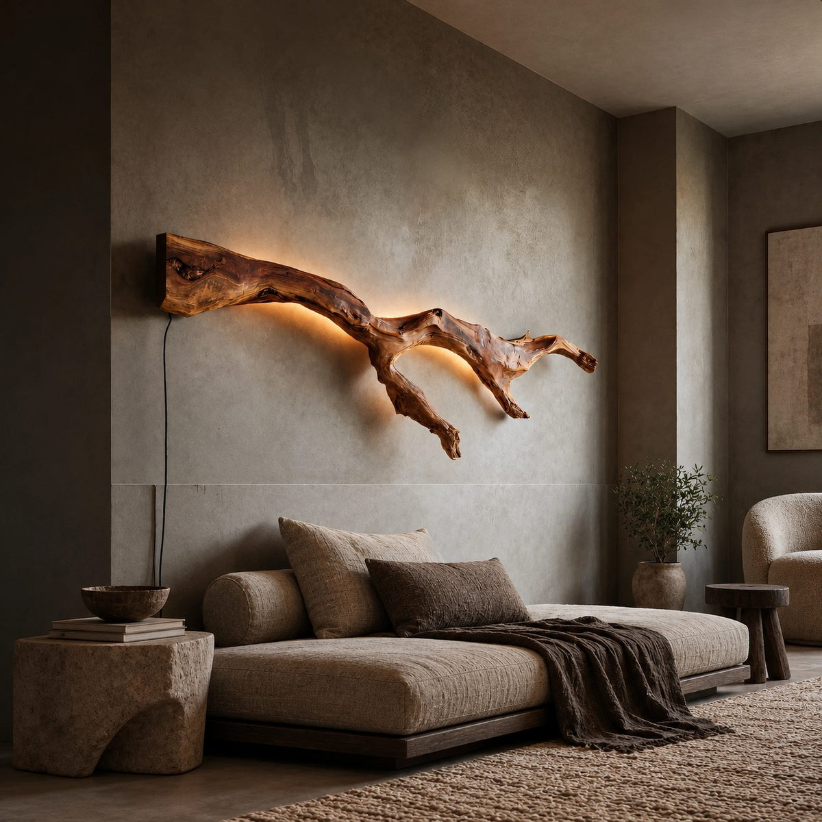 Modern Wood Branch Wall Light With Backlit Glow For Bedroom