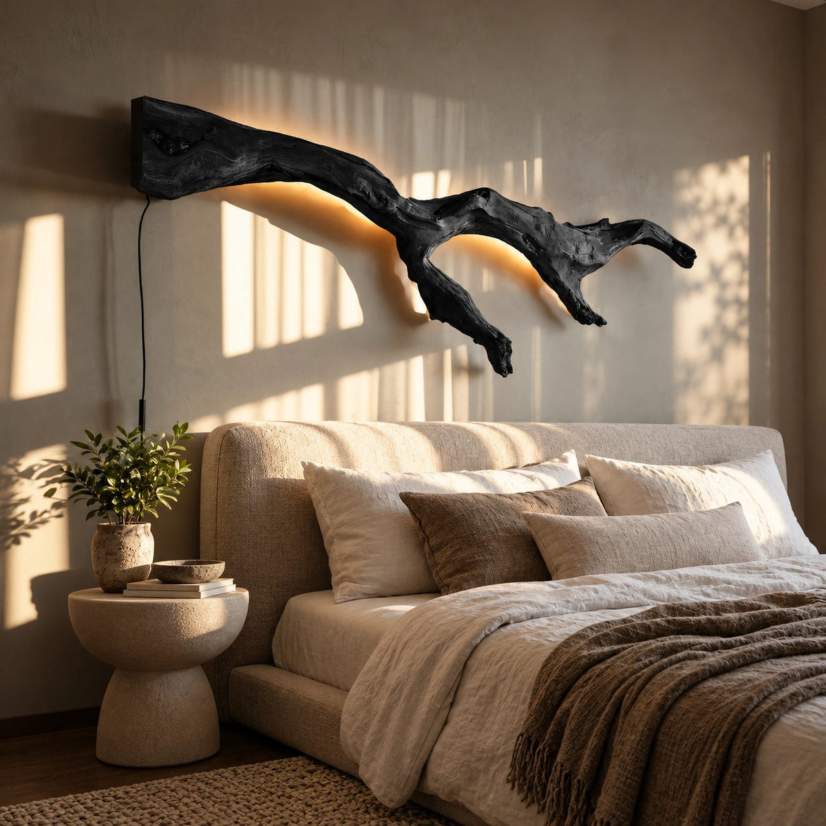 Modern Wood Branch Wall Light With Backlit Glow For Bedroom