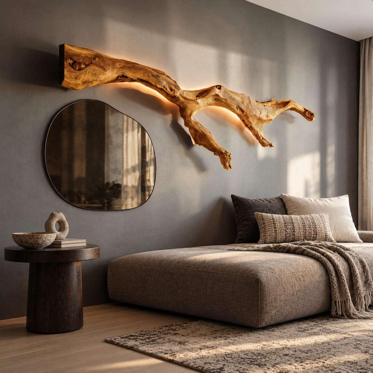 Modern Wood Branch Wall Light With Backlit Glow For Bedroom