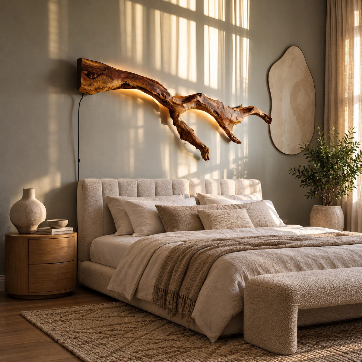 Modern Wood Branch Wall Light With Backlit Glow For Bedroom