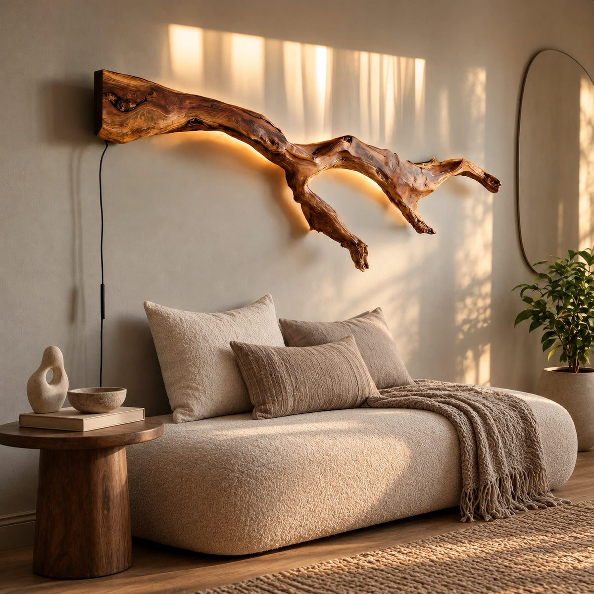 Modern Wood Branch Wall Light With Backlit Glow For Bedroom