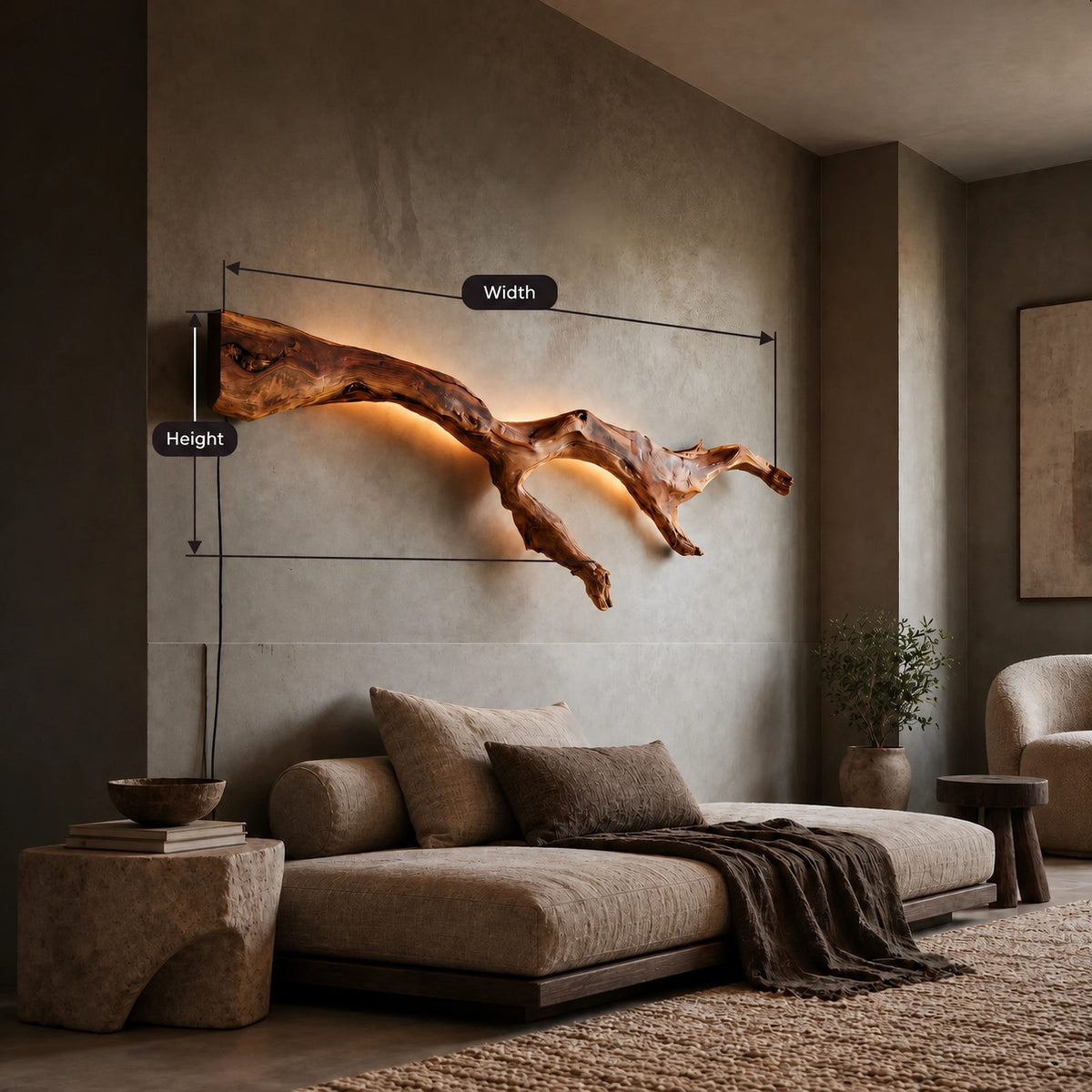 Modern Wood Branch Wall Light With Backlit Glow For Bedroom