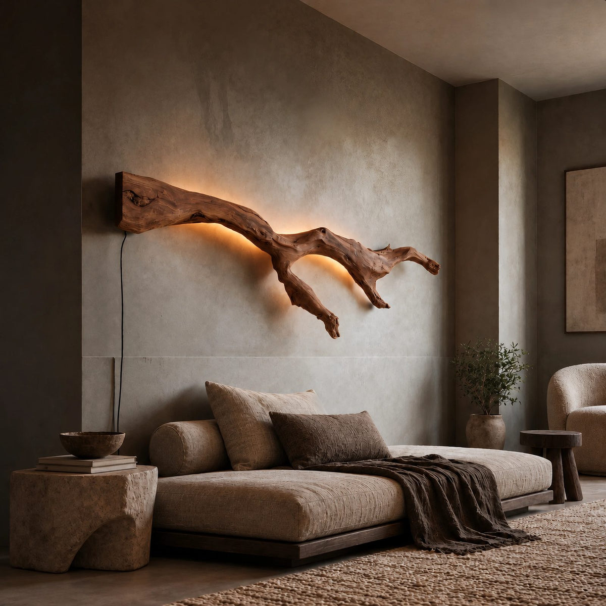 Modern Wood Branch Wall Light With Backlit Glow For Bedroom