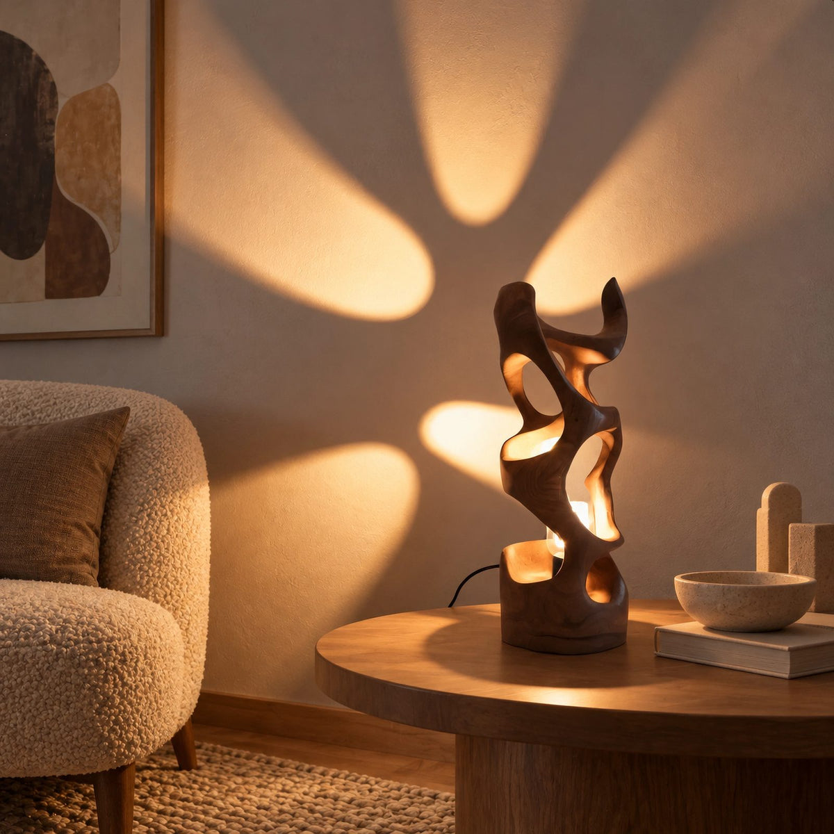 Modern Sculptural Wood Table Lamp With Carved Wave Silhouette For Bedroom