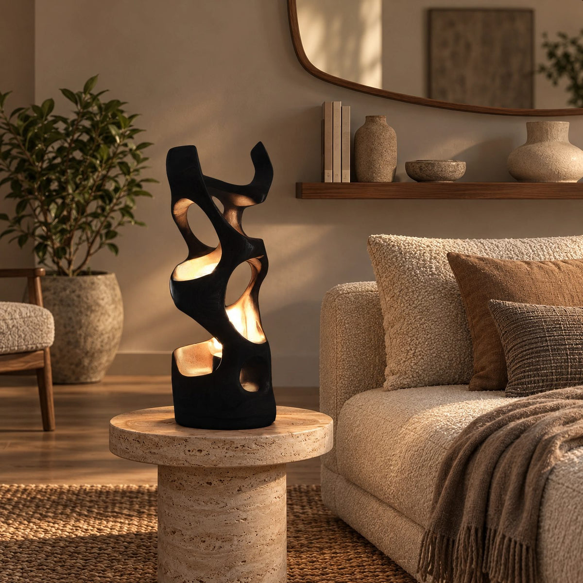 Modern Sculptural Wood Table Lamp With Carved Wave Silhouette For Bedroom