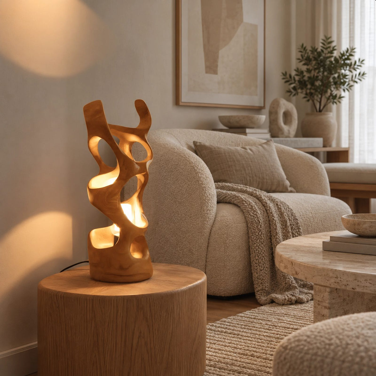Modern Sculptural Wood Table Lamp With Carved Wave Silhouette For Bedroom