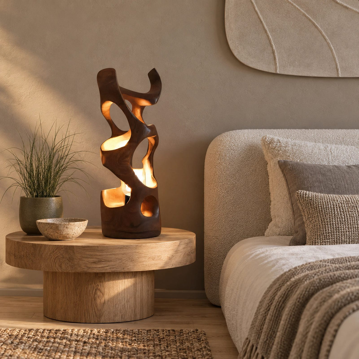 Modern Sculptural Wood Table Lamp With Carved Wave Silhouette For Bedroom