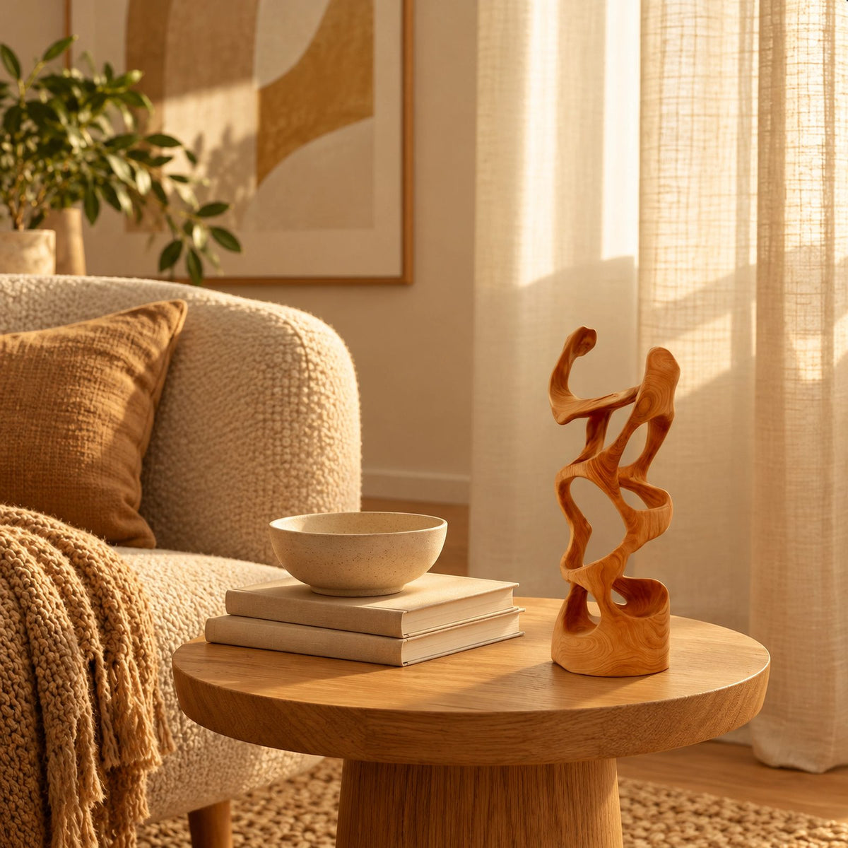 Modern Sculptural Wood Table Lamp With Carved Wave Silhouette For Bedroom