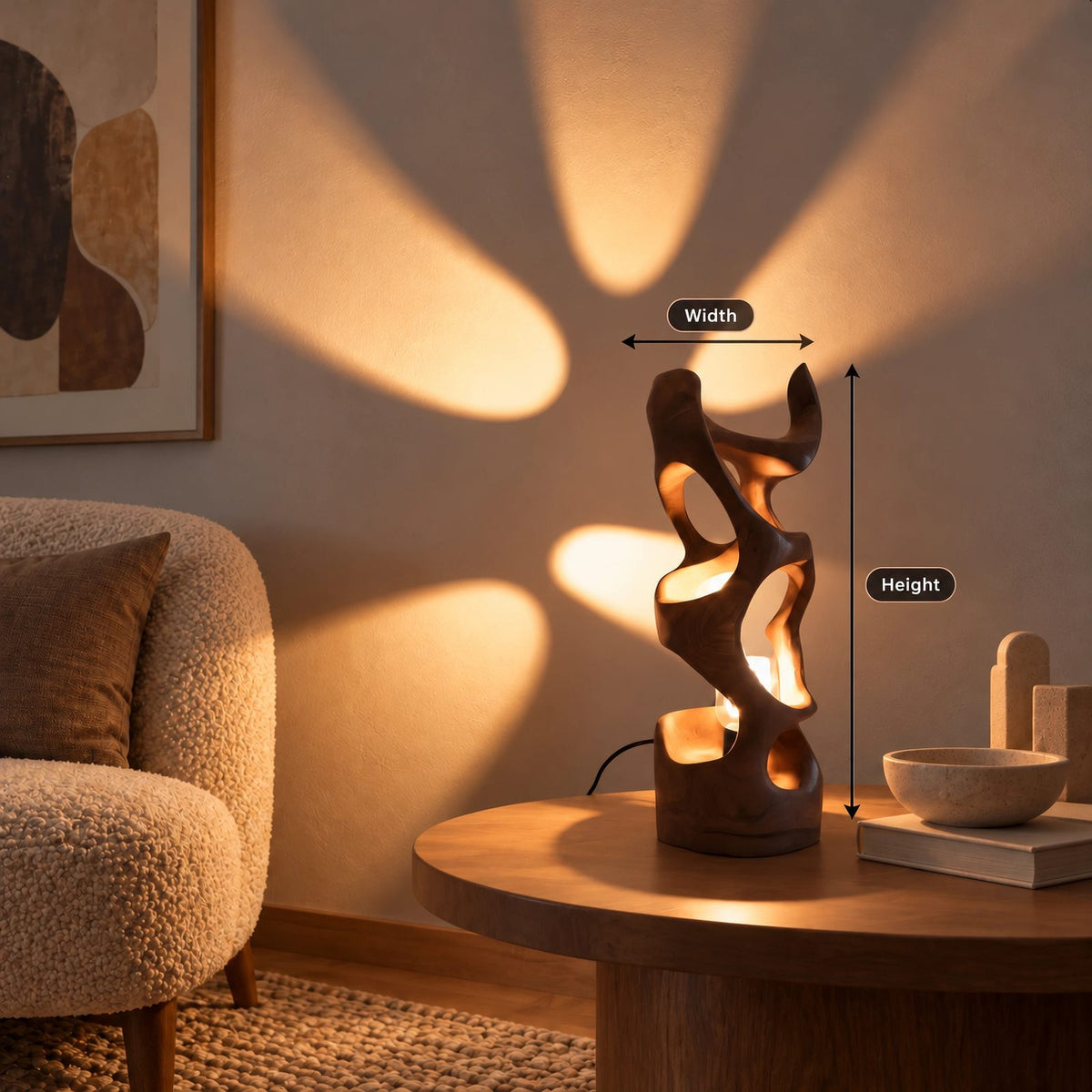 Modern Sculptural Wood Table Lamp With Carved Wave Silhouette For Bedroom