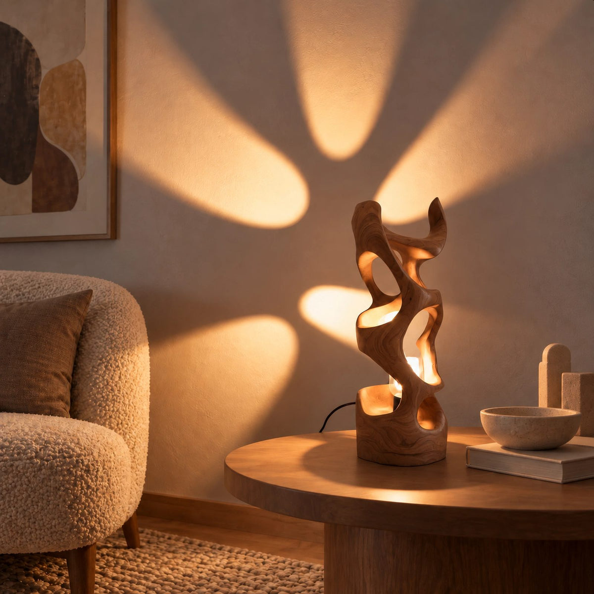 Modern Sculptural Wood Table Lamp With Carved Wave Silhouette For Bedroom