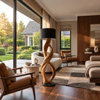 Modern Twisted Wood Floor Lamp With Drum Shade For Bedroom