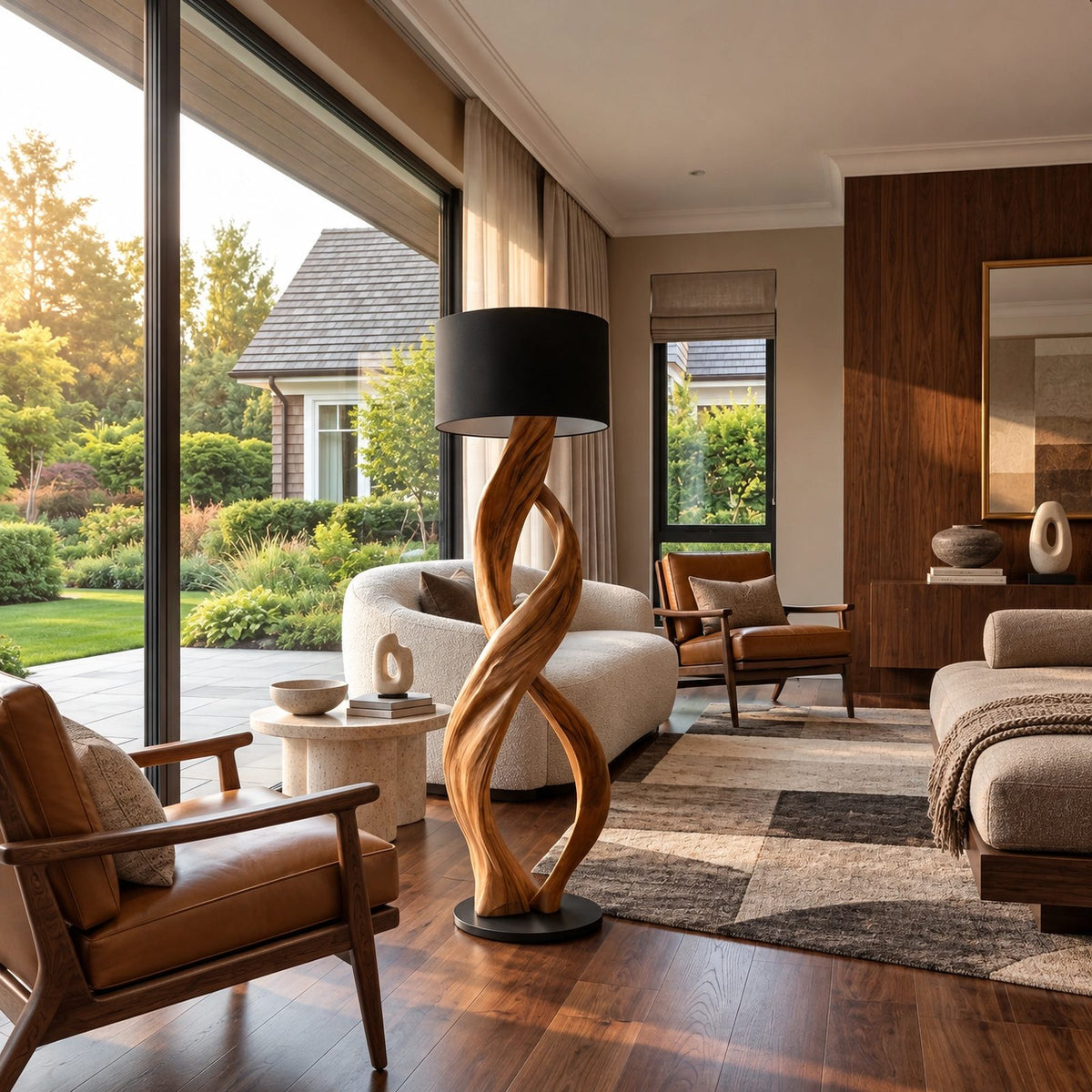 Modern Twisted Wood Floor Lamp With Drum Shade For Bedroom