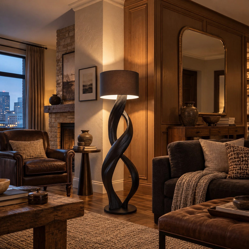 Modern Twisted Wood Floor Lamp With Drum Shade For Bedroom
