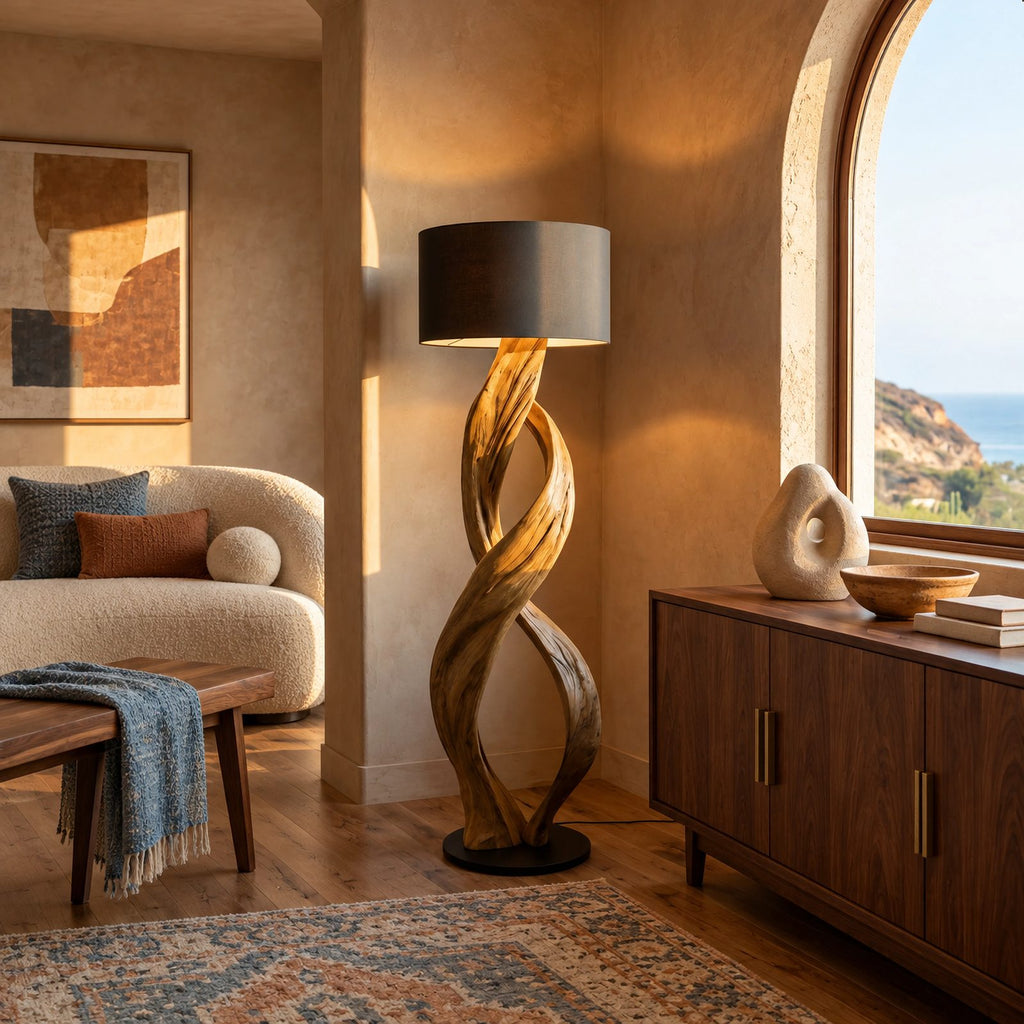 Modern Twisted Wood Floor Lamp With Drum Shade For Bedroom