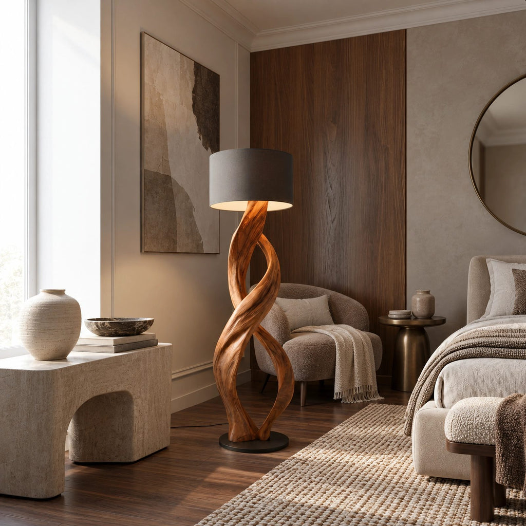 Modern Twisted Wood Floor Lamp With Drum Shade For Bedroom