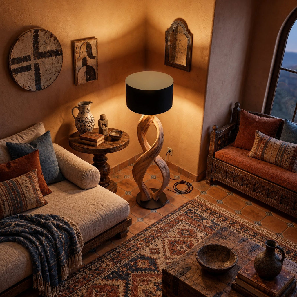 Modern Twisted Wood Floor Lamp With Drum Shade For Bedroom