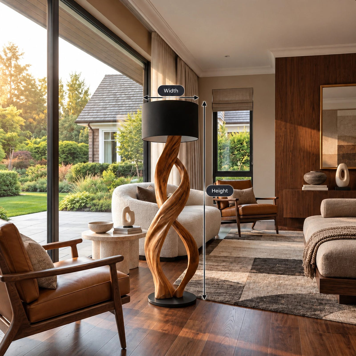 Modern Twisted Wood Floor Lamp With Drum Shade For Bedroom