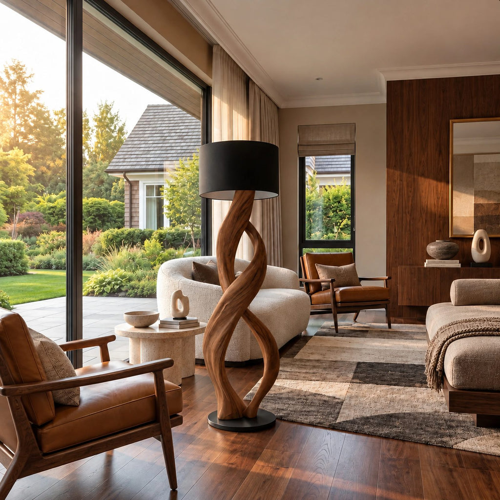 Modern Twisted Wood Floor Lamp With Drum Shade For Bedroom