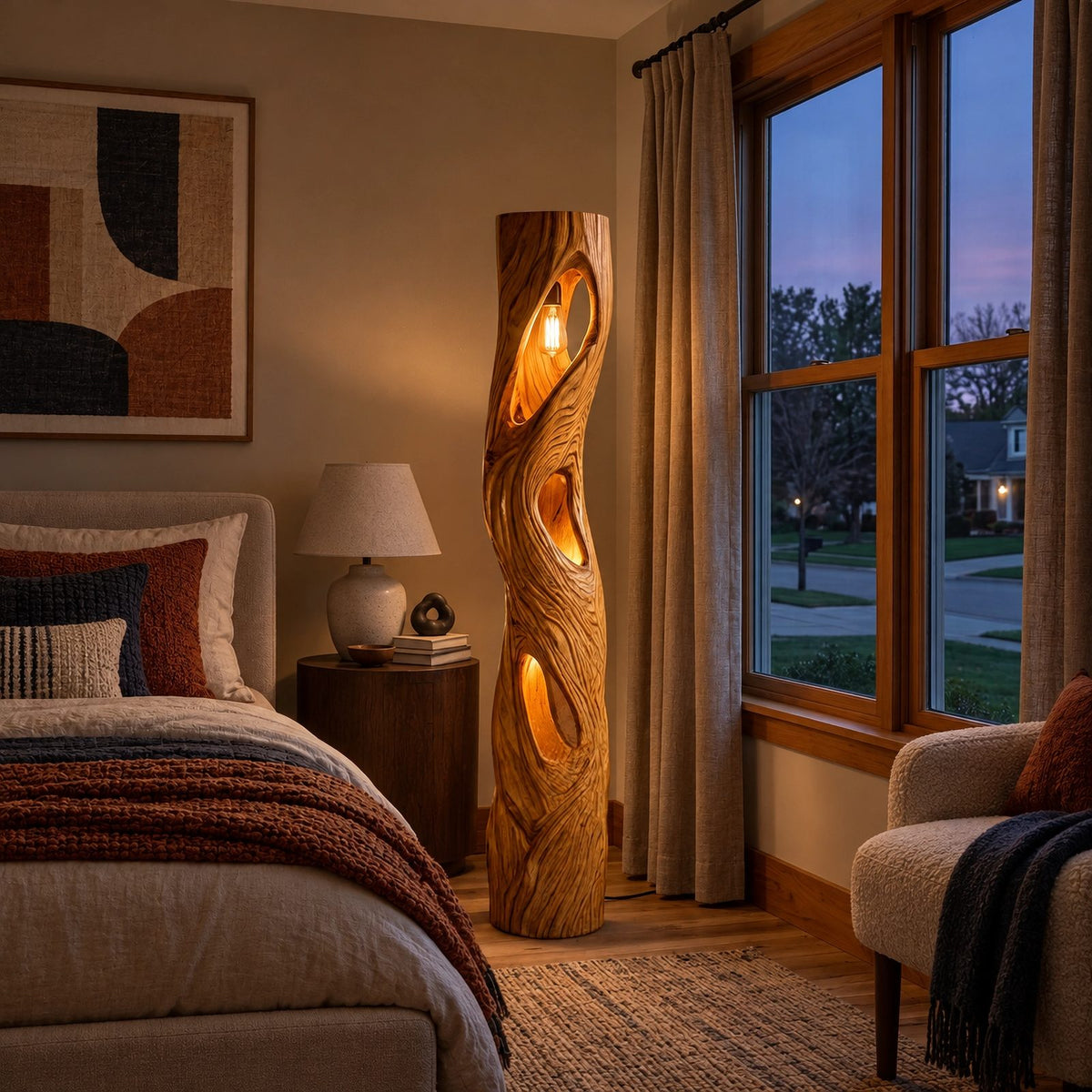 Sculptural Solid Wood Floor Lamp With Backlit Cutout Design For Living Room