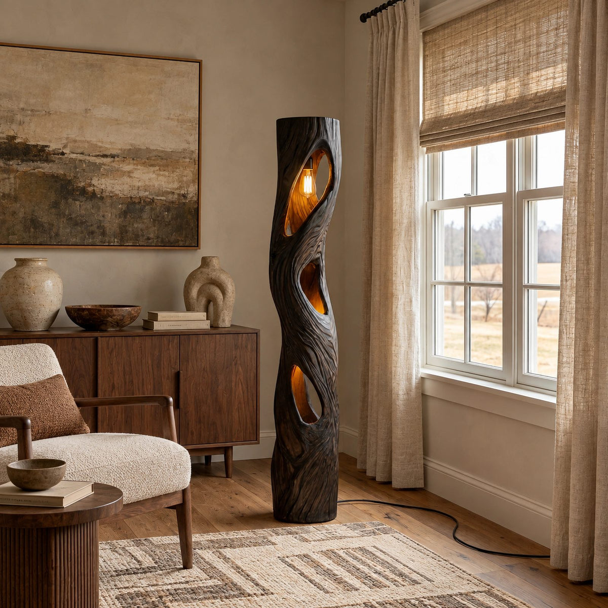 Sculptural Solid Wood Floor Lamp With Backlit Cutout Design For Living Room