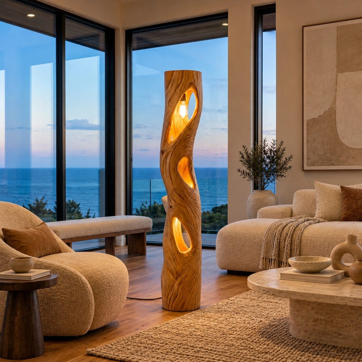 Sculptural Solid Wood Floor Lamp With Backlit Cutout Design For Living Room