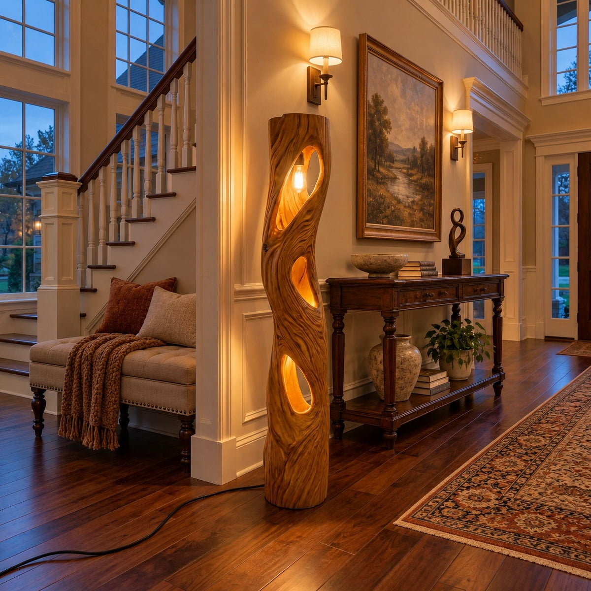 Sculptural Solid Wood Floor Lamp With Backlit Cutout Design For Living Room
