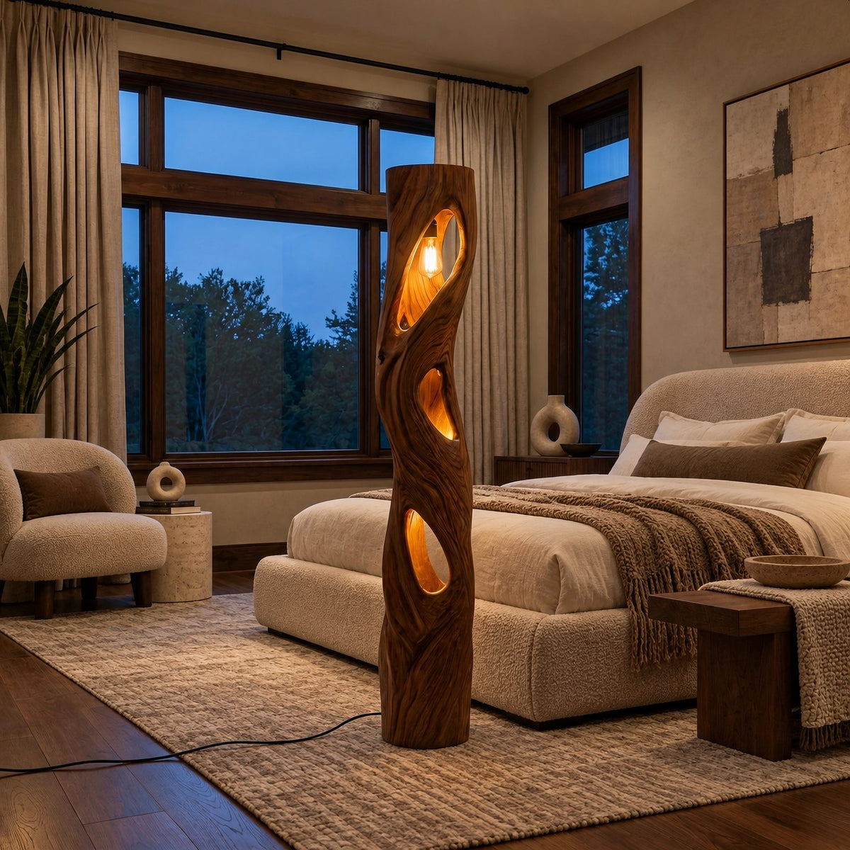 Sculptural Solid Wood Floor Lamp With Backlit Cutout Design For Living Room