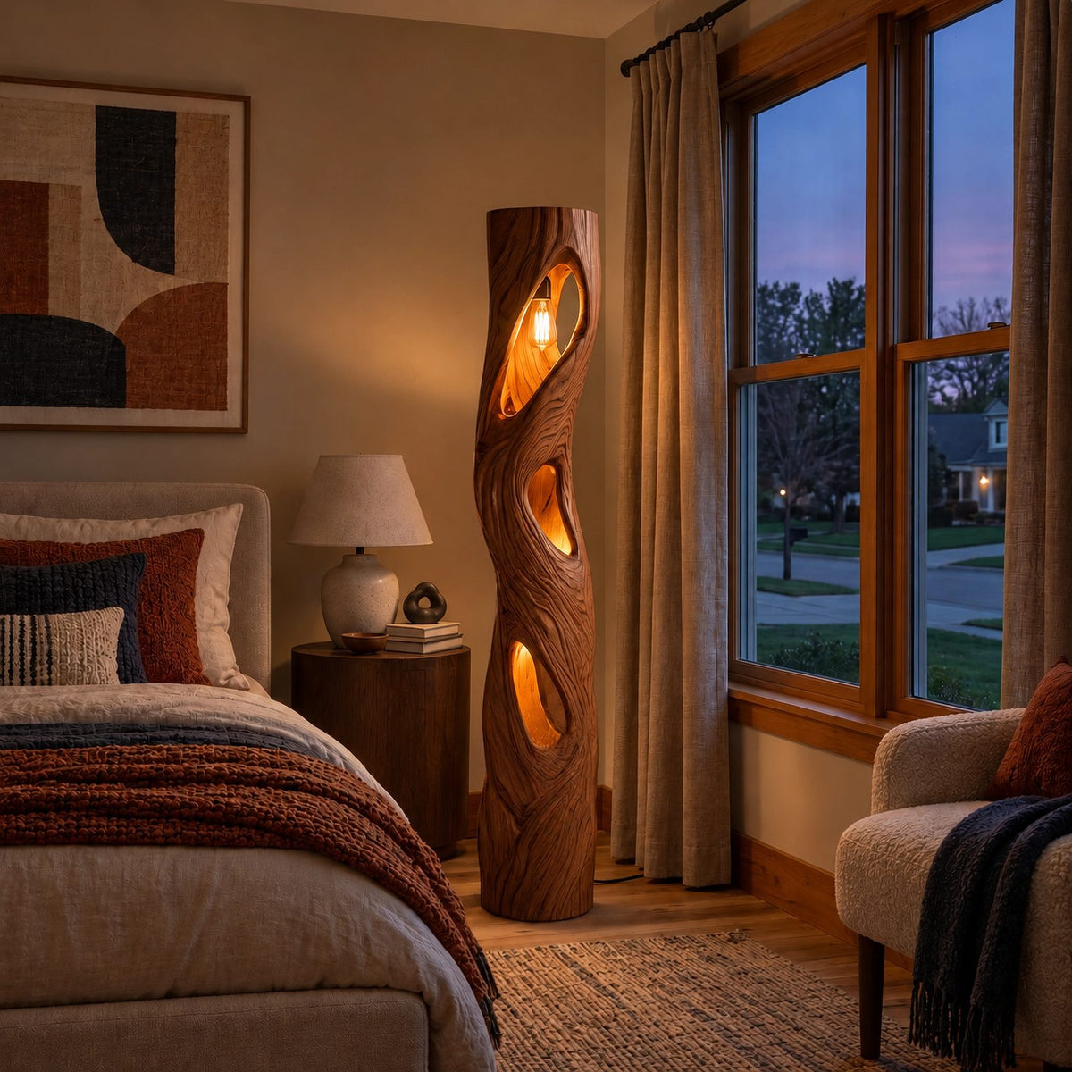 Sculptural Solid Wood Floor Lamp With Backlit Cutout Design For Living Room